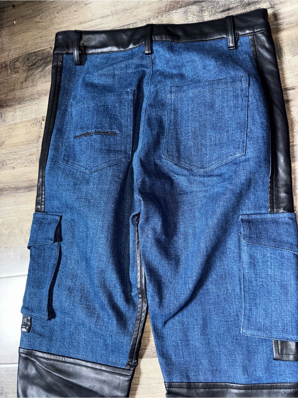Maniere De Voir Denim Leather Biker Cargo Pants Sz 2 UK 6 Moto Patchwork - Picture 14 of 14